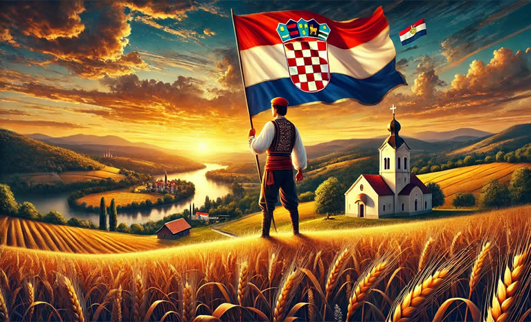 "Ilustracija koja simbolizira ponos, prkos i ljubav prema Bosanskoj Posavini. Prikazan je tradicionalni hrvatski seljak u posavskoj narodnoj nošnji, ponosno držeći zastavu s hrvatskim i posavskim simbolima. U pozadini se vidi bogati ruralni krajolik s poljima, katoličkom crkvom i rijekom Savom, osvijetljen živopisnim zalaskom sunca, simbolizirajući otpornost i povezanost s naslijeđem."