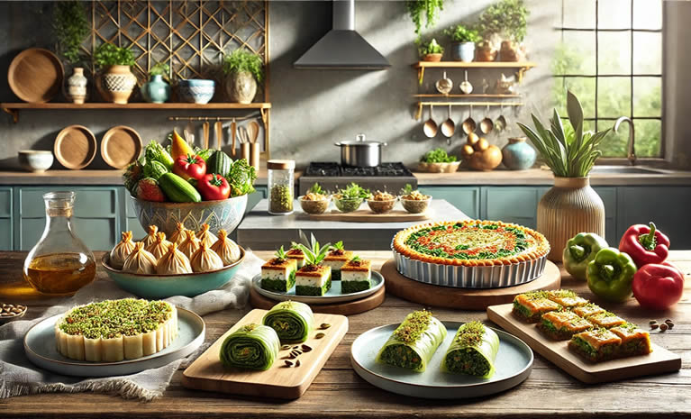 Prikazuje modernu kuhinju s reinterpretiranim tradicionalnim jelima poput veganske sarme, pite od špinata i elegantne baklave s pistacijama.