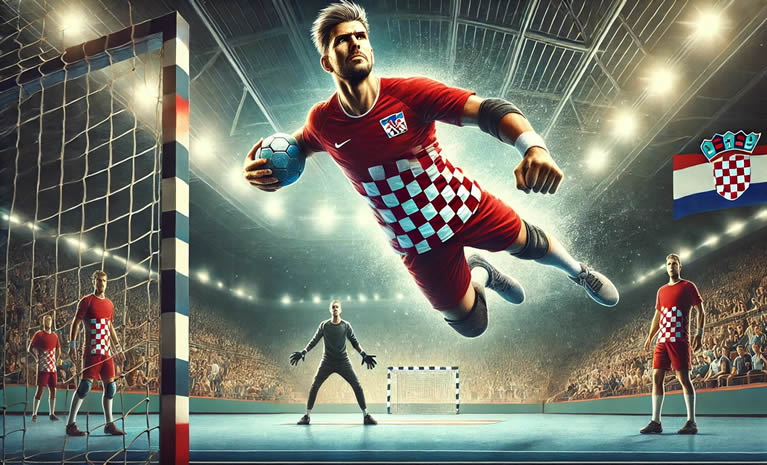"Hrvatski rukometaš u letu s loptom, odjeven u crveno-bijeli dres, priprema se zabiti gol na rukometnom terenu. U pozadini se vidi golman i uzbuđeni navijači pod svjetlima stadiona."