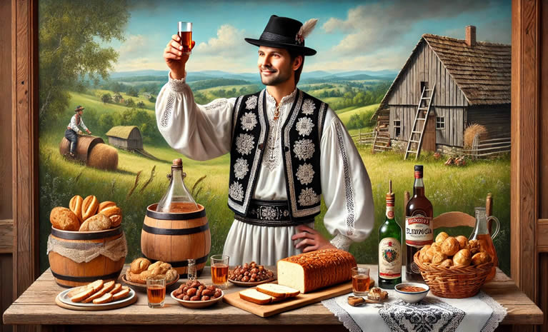 "Realističan prikaz slavonskog bećara odjevenog u bijelu narodnu nošnju s crnim šeširom, uz stol prepun slavonskih delicija. Na stolu se nalaze kulen, čvarci, svježi kruh i boca šljivovice s čašicama. U pozadini je idiličan slavonski krajolik s drvenim štagljem i zelenim poljima."