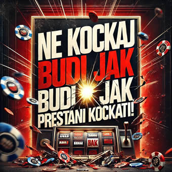 Snažan pravokutni banner s porukom 'NE KOCKAJ – BUDI JAK, PRESTANI KOCKATI!' u velikim, upečatljivim slovima. Pozadina prikazuje razbijeni kockarski aparat i razbacane casino žetone, simbolizirajući prekid s kockanjem i ovisnošću. Svjetlost u središtu označava novi početak i nadu.