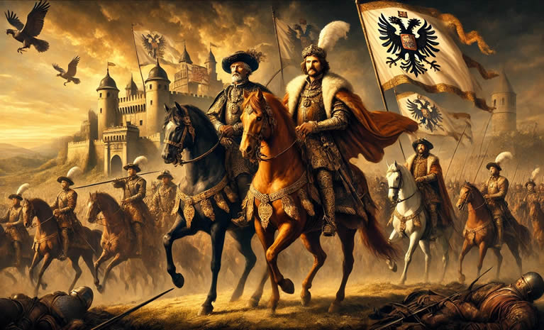 Herojski prizor na bojnom polju – Zrinski i Frankopan na konjima, vode svoje ljude protiv Habsburga.