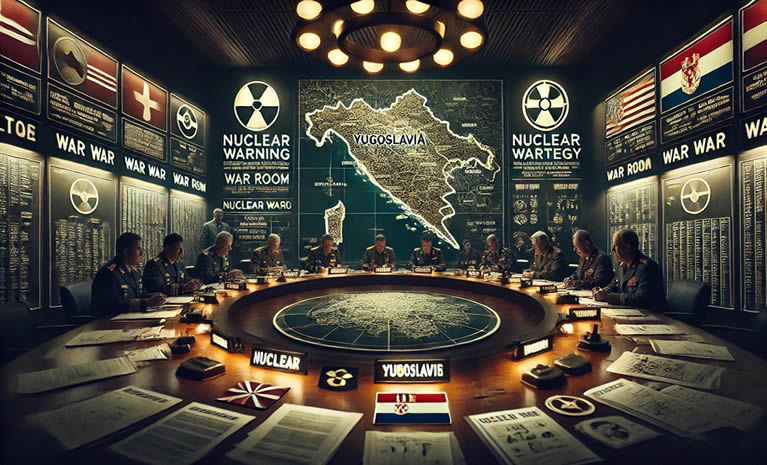 ratnu sobu iz doba Hladnog rata s kartom Jugoslavije prepunom oznaka nuklearnih prijetnji i vojnih strategija.