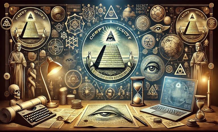"Ilustracija koja prikazuje teorije zavjere kroz povijest, uključujući simbole poput piramide s okom, drevnih svitaka, tajnih društava i modernih medija poput laptopa i ikona društvenih mreža. Mračna atmosfera s globalnim poveznicama i suptilnim svjetlosnim efektima."