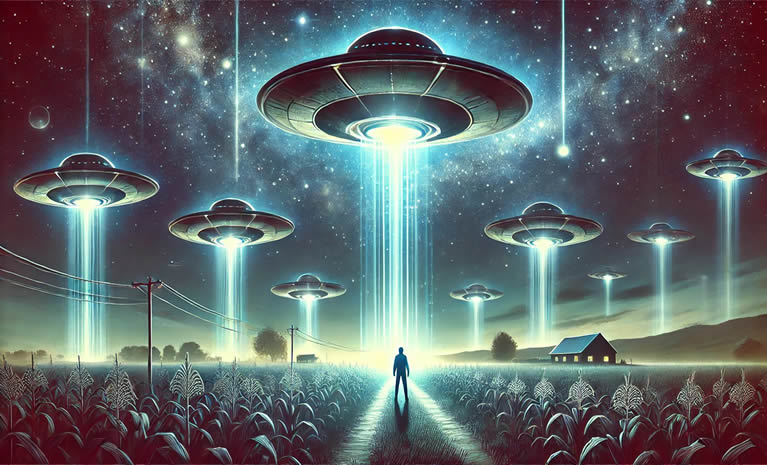 "Ilustracija noćnog neba sa svijetlećim NLO-ima, svjetlosnim zrakama koje se spuštaju na Zemlju i osobom koja promatra scenu s ruralnog krajolika, evocirajući atmosferu misterije i fascinacije."