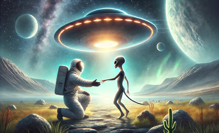 "Realistična ilustracija prvog kontakta između čovjeka i vanzemaljca, s astronautom i vanzemaljcem koji dodiruju ruke, uz NLO, zvjezdano nebo i auroru u pozadini."