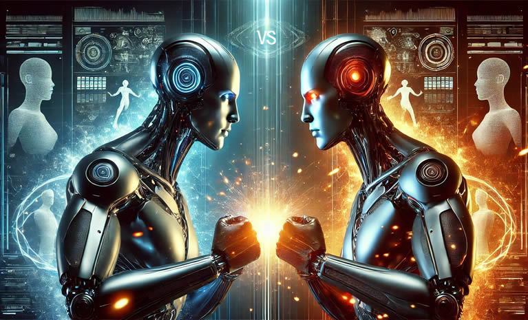 Dva humanoidna AI robota u prijetećem stavu, s različitim bojama koje simboliziraju suprotstavljene AI frakcije, dok između njih frcaju energetske iskre u visokotehnološkom cyber okruženju.