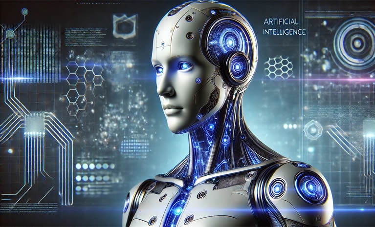Futuristički humanoidni AI s elegantnim metalnim dizajnom i svjetlećim plavim neuralnim mrežama, okružen digitalnim podacima i holografskim sučeljima u visokotehnološkom okruženju.